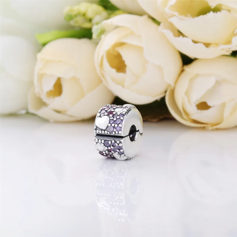(image for) PANDORA Asymmetric Hearts of Love Clip, Red & Pink CZ, Royal Purple Crystals, Cr - View 3