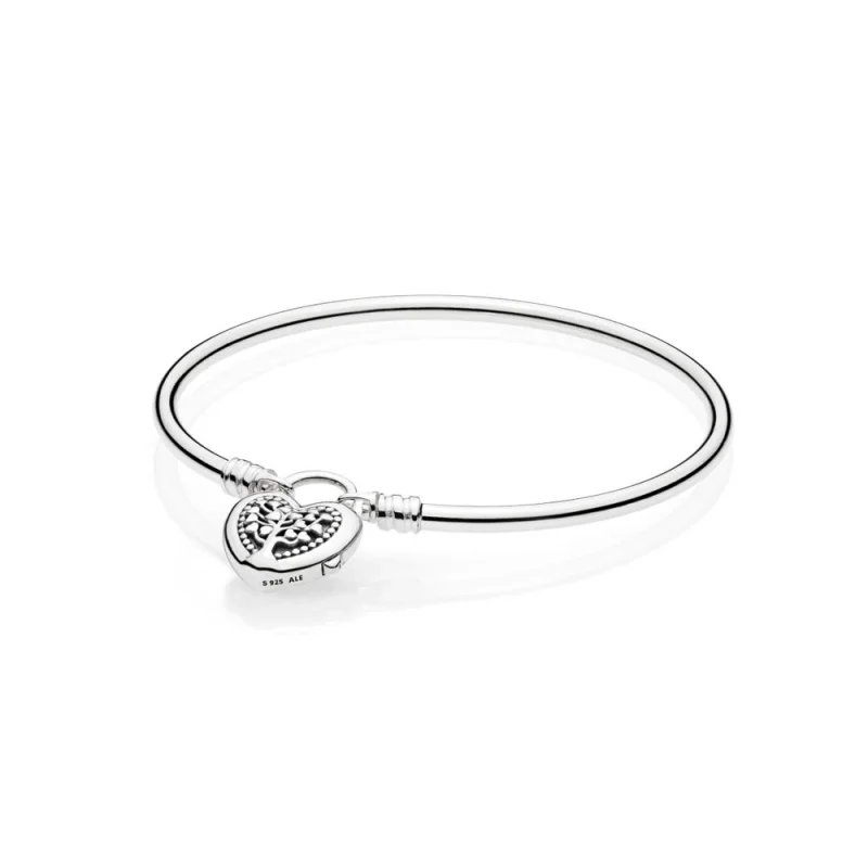 (image for) PANDORA Limited Edition - Moments Silver Bangle, Tree of Love Heart Padlock Clasp - Product Image