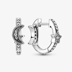 (image for) PANDORA Crescent Moon & Stars Beaded Hoop Earrings - 299152C01