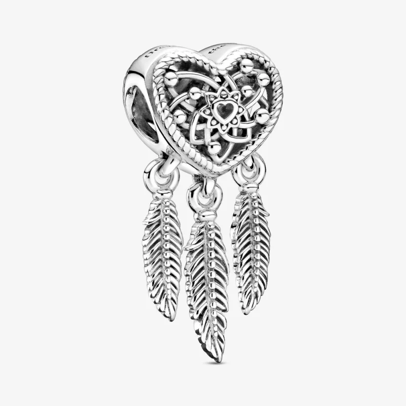 (image for) PANDORA Openwork Heart & Three Feathers Dreamcatcher Charm - 799107C00 - Product Image