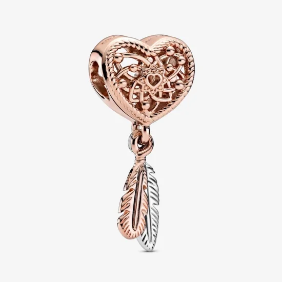 (image for) PANDORA Openwork Heart & Two Feathers Dreamcatcher Dangle Charm - 789068C00