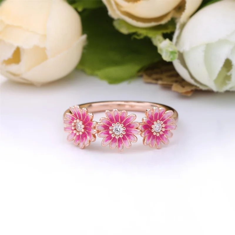 (image for) PANDORA Pink Daisy Flower Trio Ring - 188792C01 - View 3