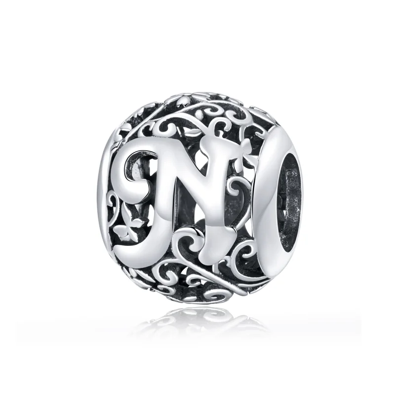 (image for) Pandora Style Openwork Flower Letter N Charm - SCC1444-N - Product Image