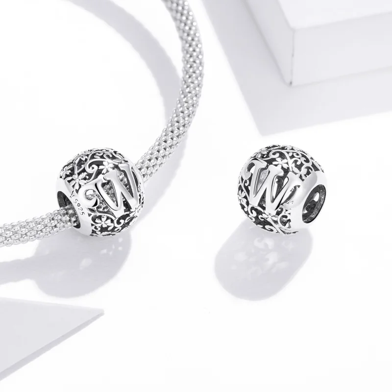 (image for) Pandora Style Openwork Flower Letter W Charm - SCC1444-W - View 4