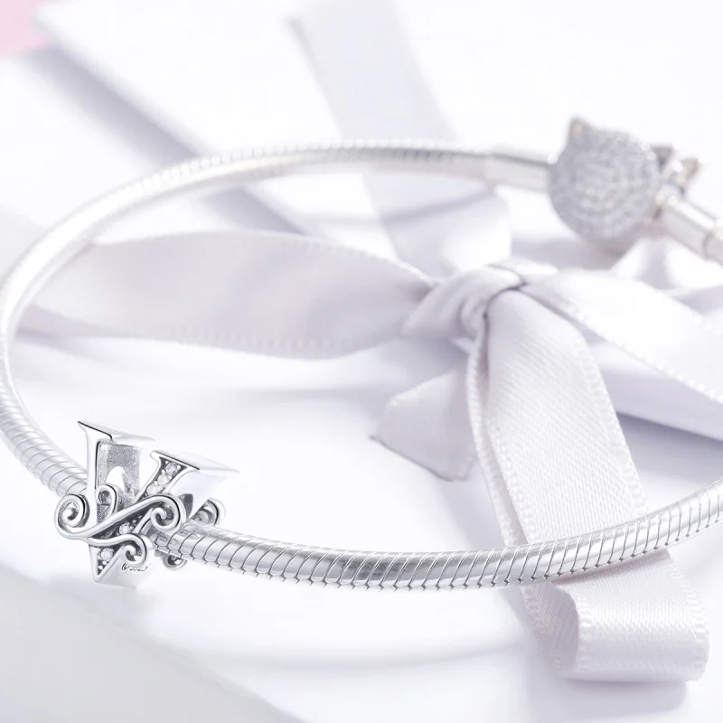 (image for) Pandora Style Sparkling Pavé Flower Letter V Charm - BSC030-V - View 3