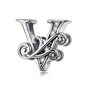 (image for) Pandora Style Sparkling Pavé Flower Letter V Charm - BSC030-V 
