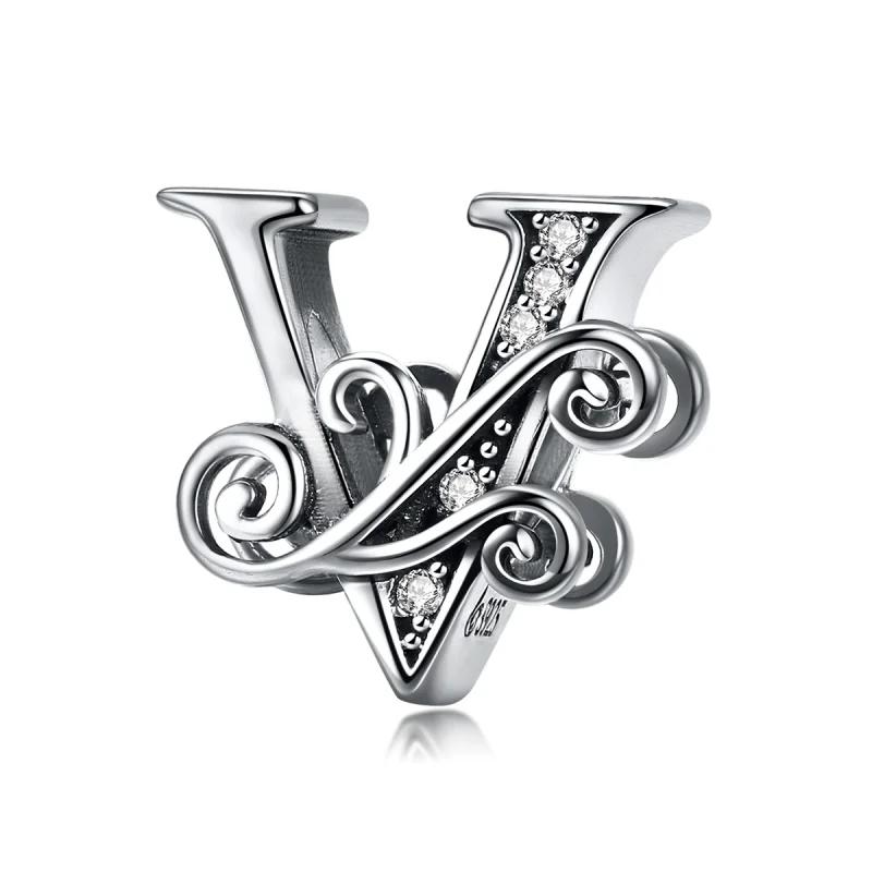 (image for) Pandora Style Sparkling Pavé Flower Letter V Charm - BSC030-V - Product Image