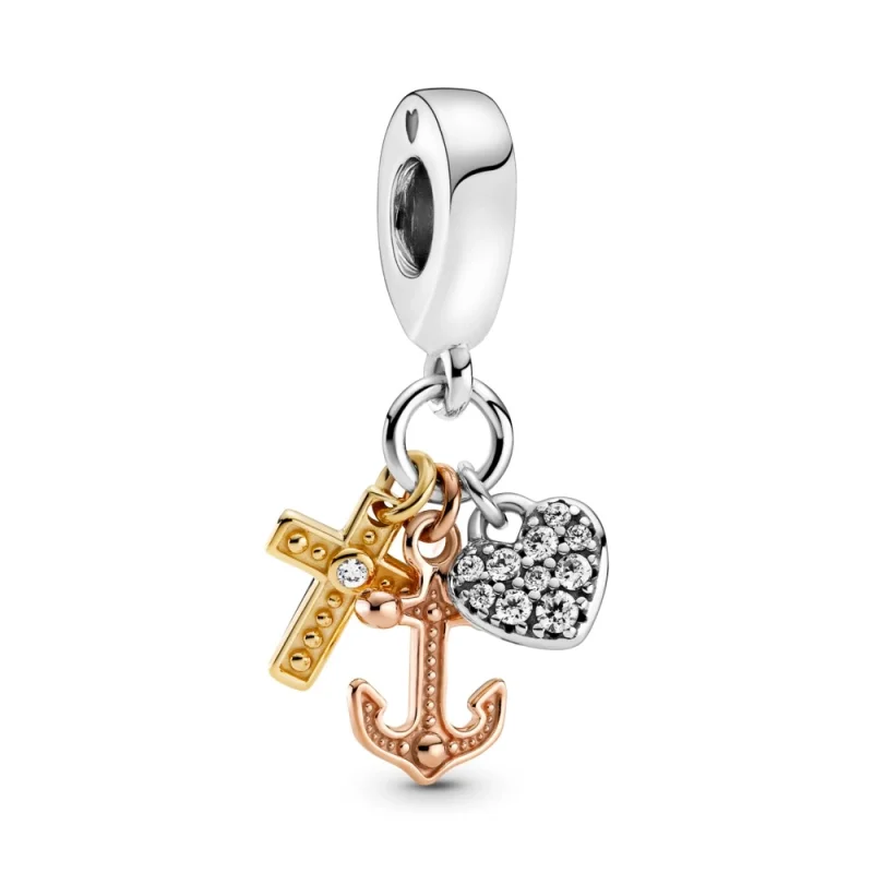 (image for) PANDORA Triple-tone Cross, Heart, & Anchor Dangle Charm - 799354C01 - Product Image