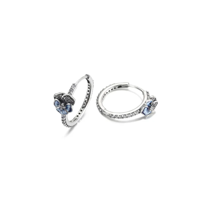 (image for) PANDORA Blue Pansy Flower Hoop Earrings - 290775C01 - View 3