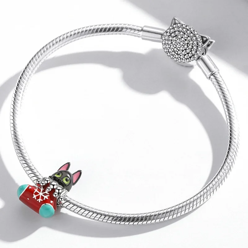 (image for) Pandora Style Silver Christmas stockings kitten Charm - SCC2036 - View 3