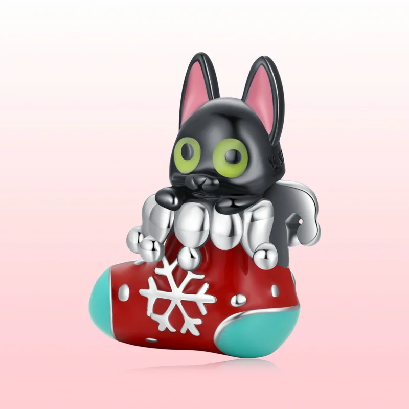 (image for) Pandora Style Silver Christmas stockings kitten Charm - SCC2036 - View 6