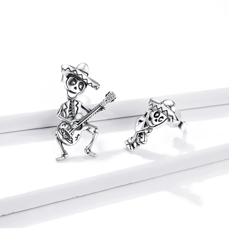 (image for) Pandora Style Silver Guitar Skull Man Stud Earrings - BSE420 - View 2
