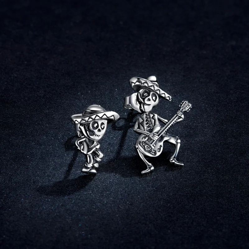 (image for) Pandora Style Silver Guitar Skull Man Stud Earrings - BSE420 - View 3