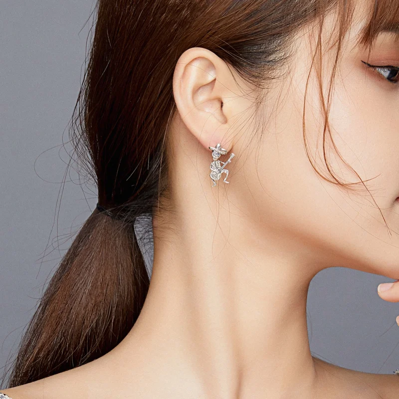 (image for) Pandora Style Silver Guitar Skull Man Stud Earrings - BSE420 - View 5