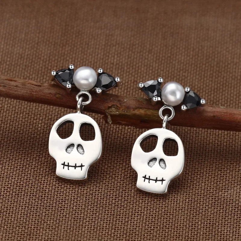 (image for) Pandora Style Silver Personality Skull Dangle Earrings - VSE084 - View 3