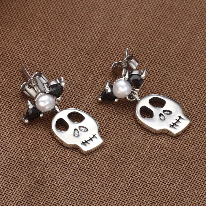 (image for) Pandora Style Silver Personality Skull Dangle Earrings - VSE084 - View 4
