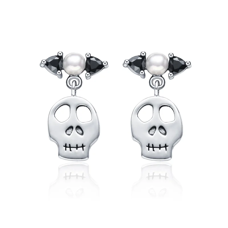 (image for) Pandora Style Silver Personality Skull Dangle Earrings - VSE084 - Product Image