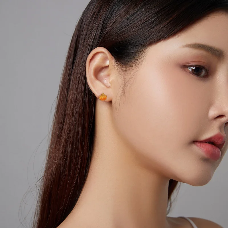 (image for) Pandora Style Silver Pumpkin Stud Earrings - SCE1246 - View 4