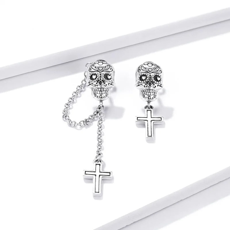 (image for) Pandora Style Silver Skull Cross Dangle Earrings - BSE419 - View 2