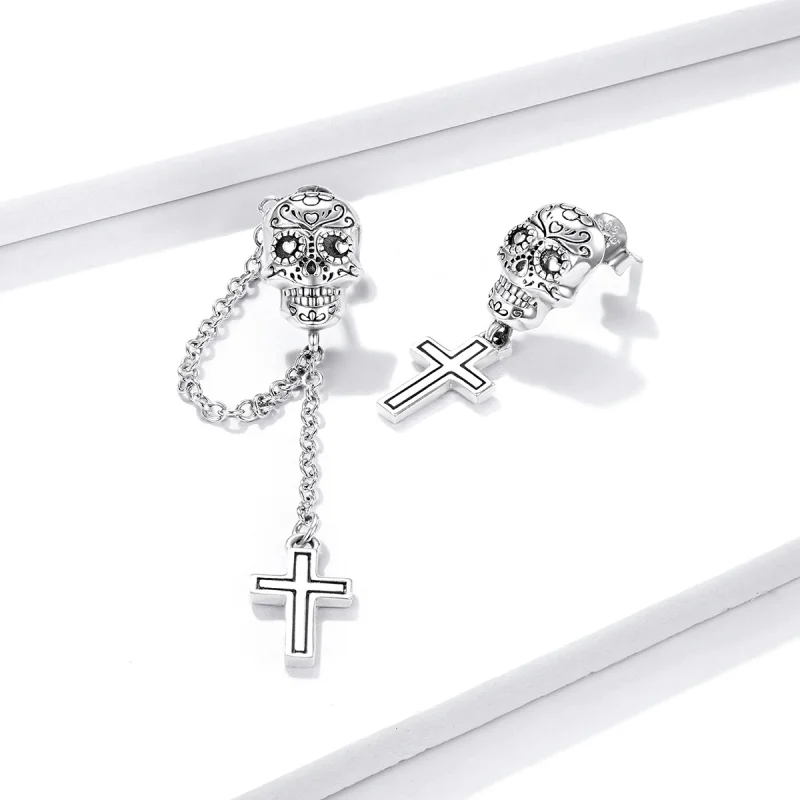 (image for) Pandora Style Silver Skull Cross Dangle Earrings - BSE419 - View 3
