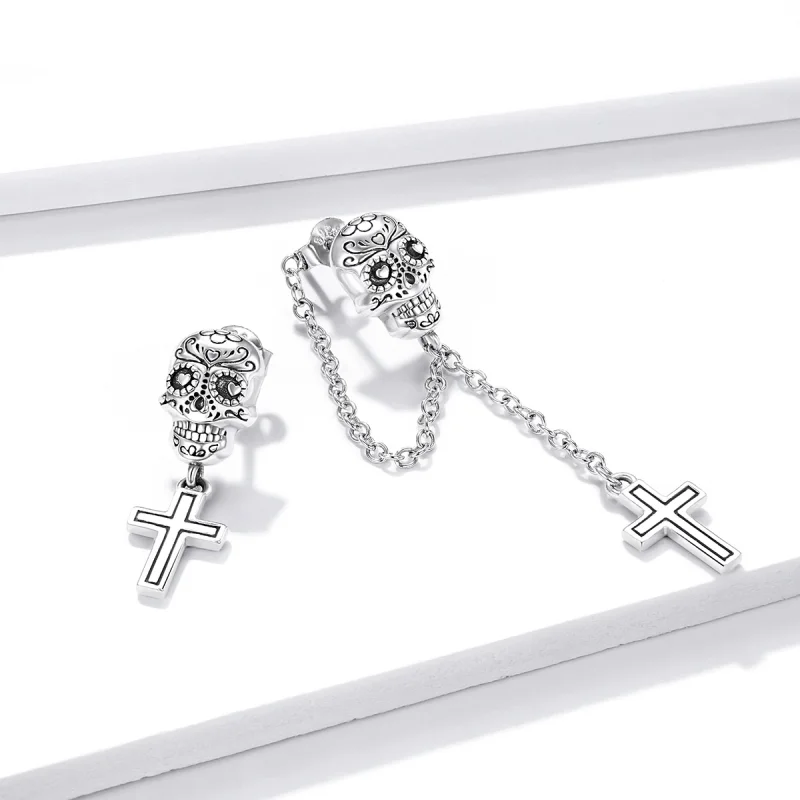 (image for) Pandora Style Silver Skull Cross Dangle Earrings - BSE419 - View 4