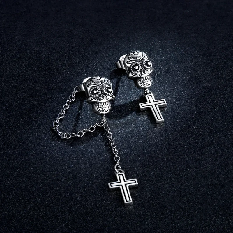 (image for) Pandora Style Silver Skull Cross Dangle Earrings - BSE419 - View 5