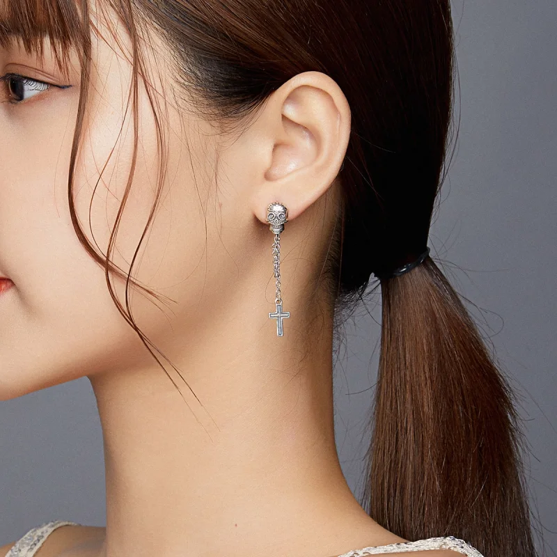 (image for) Pandora Style Silver Skull Cross Dangle Earrings - BSE419 - View 6