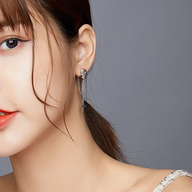 (image for) Pandora Style Silver Skull Cross Dangle Earrings - BSE419 - View 7