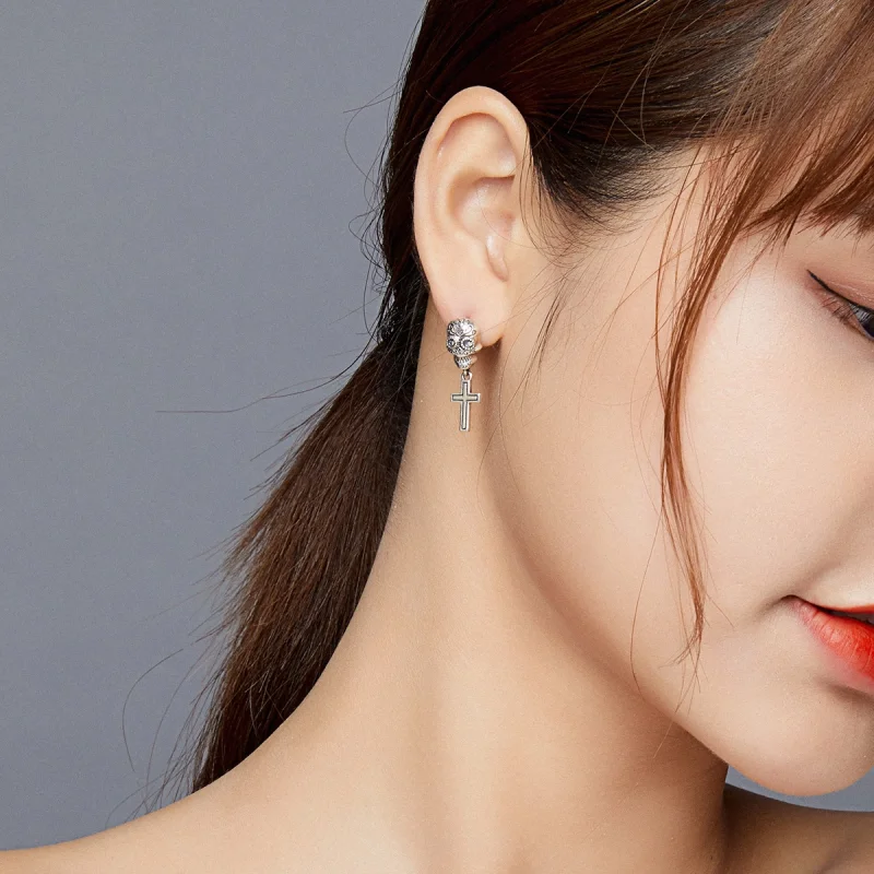 (image for) Pandora Style Silver Skull Cross Dangle Earrings - BSE419 - View 9