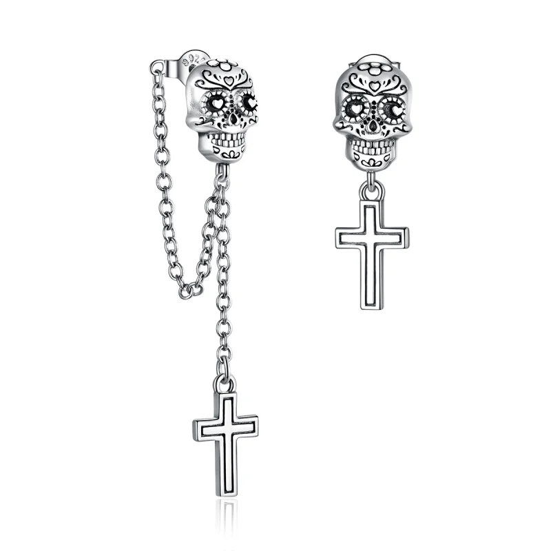 (image for) Pandora Style Silver Skull Cross Dangle Earrings - BSE419 - Product Image