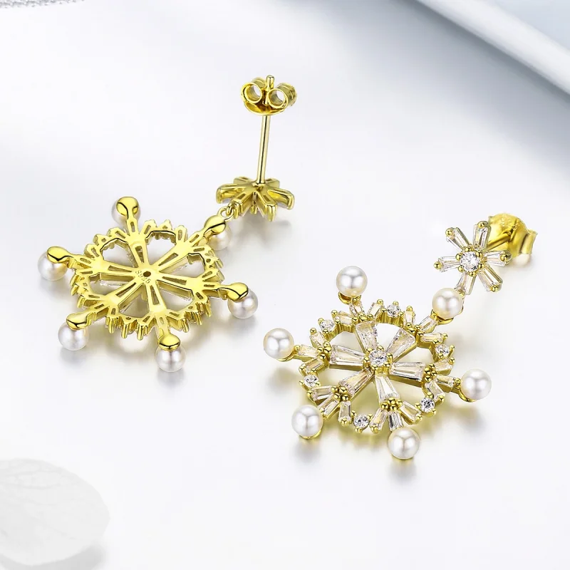 (image for) Pandora Style Silver snowflakes Dangle Earrings - BSE073 - View 4