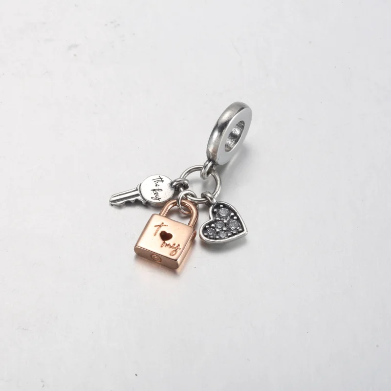 (image for) PANDORA Two-tone Key, Padlock & Heart Triple Dangle Charm - 782506C01 - View 5