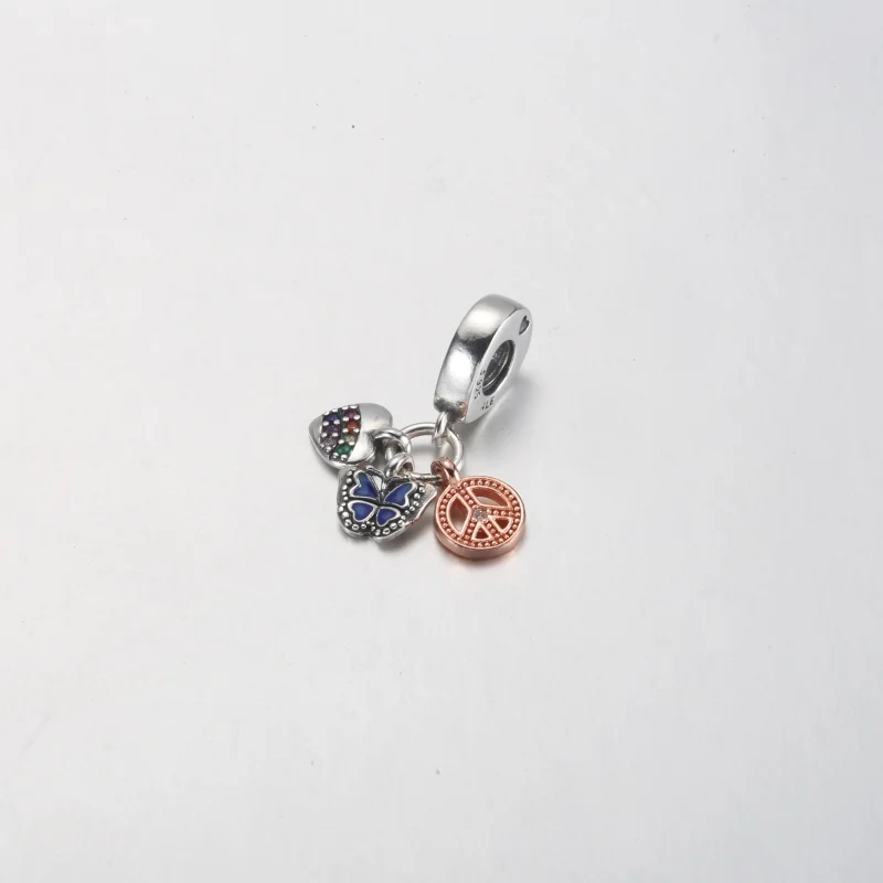 (image for) PANDORA Two-Tone Rainbow Heart, Butterfly & Peace Triple Dangle Charm - 782572C0 - View 5