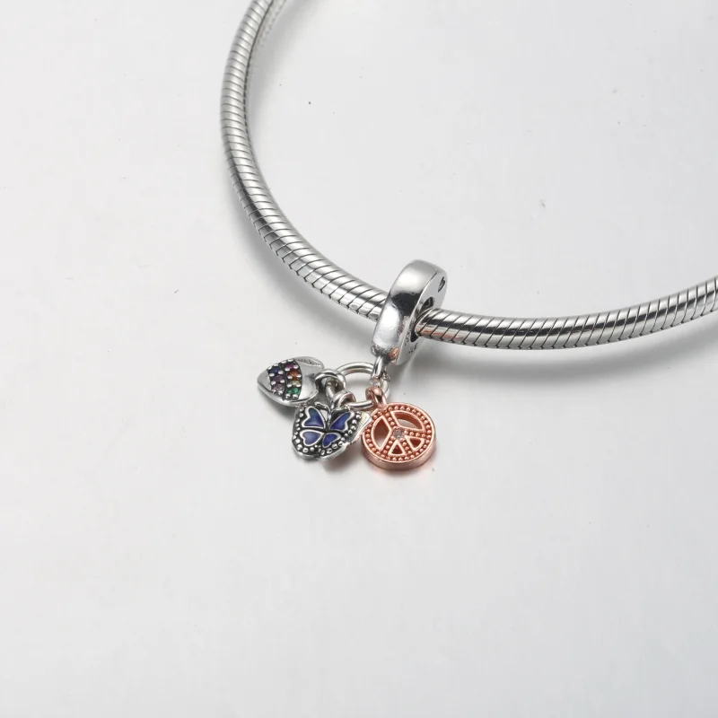 (image for) PANDORA Two-Tone Rainbow Heart, Butterfly & Peace Triple Dangle Charm - 782572C0 - View 7