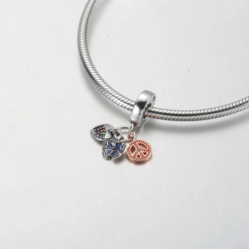 (image for) PANDORA Two-Tone Rainbow Heart, Butterfly & Peace Triple Dangle Charm - 782572C0 - View 10