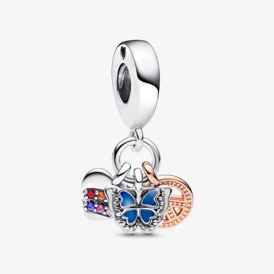 (image for) PANDORA Two-Tone Rainbow Heart, Butterfly & Peace Triple Dangle Charm - 782572C01