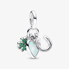 Pandora Four Leaf Clover, Heart and Horseshoe Triple Dangle Charm - 792755C01 Pandora Four Leaf Clover, Heart and Horseshoe Triple Dangle Charm - 792755C01