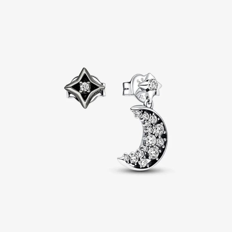 (image for) Pandora Moon and star sterling silver and ruthenium-plated stud earrings - 292782C01 - Product Image