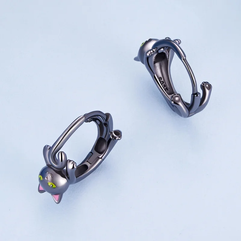 (image for) Pandora Style Black Cat Hoop Earrings - BSE798 - View 3