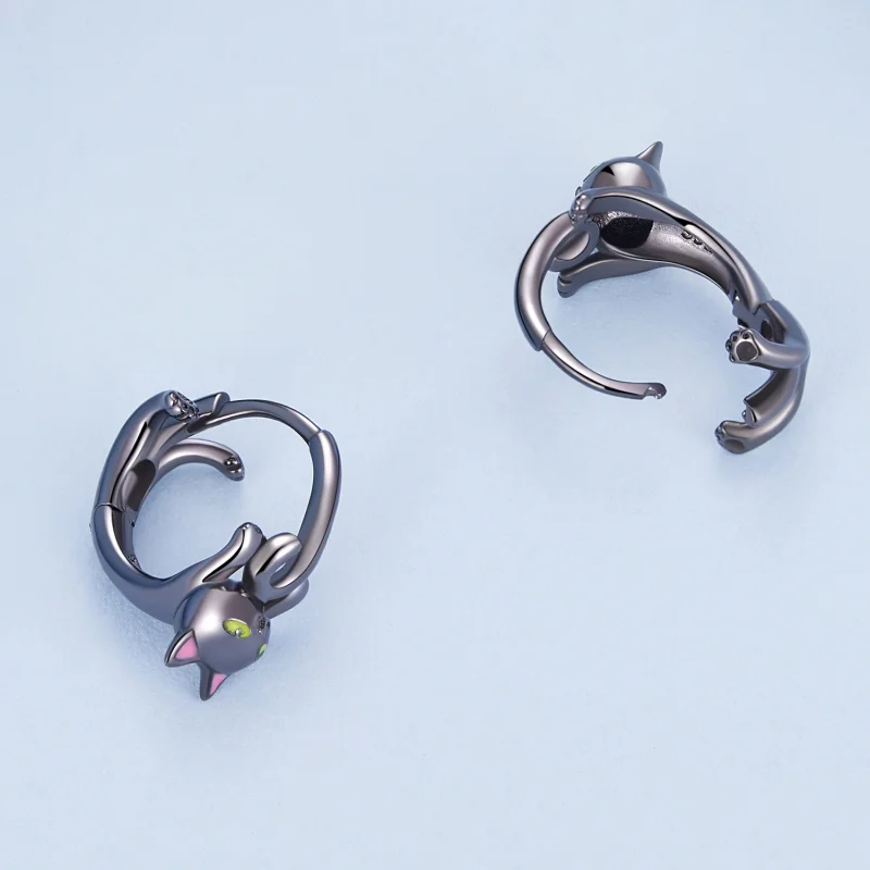 (image for) Pandora Style Black Cat Hoop Earrings - BSE798 - View 4