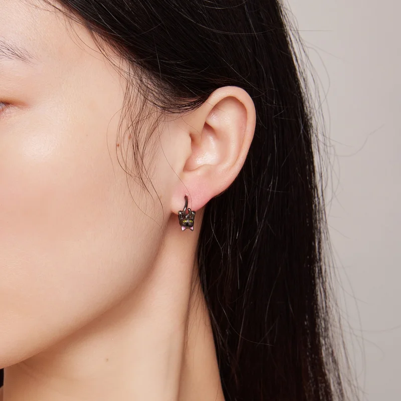 (image for) Pandora Style Black Cat Hoop Earrings - BSE798 - View 6