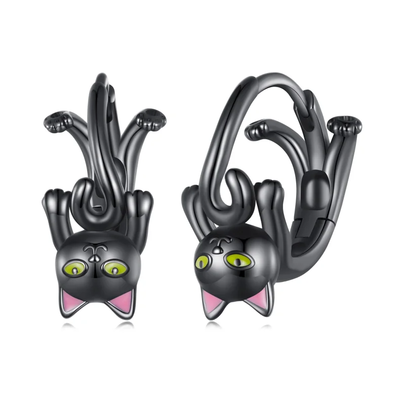 (image for) Pandora Style Black Cat Hoop Earrings - BSE798 - Product Image