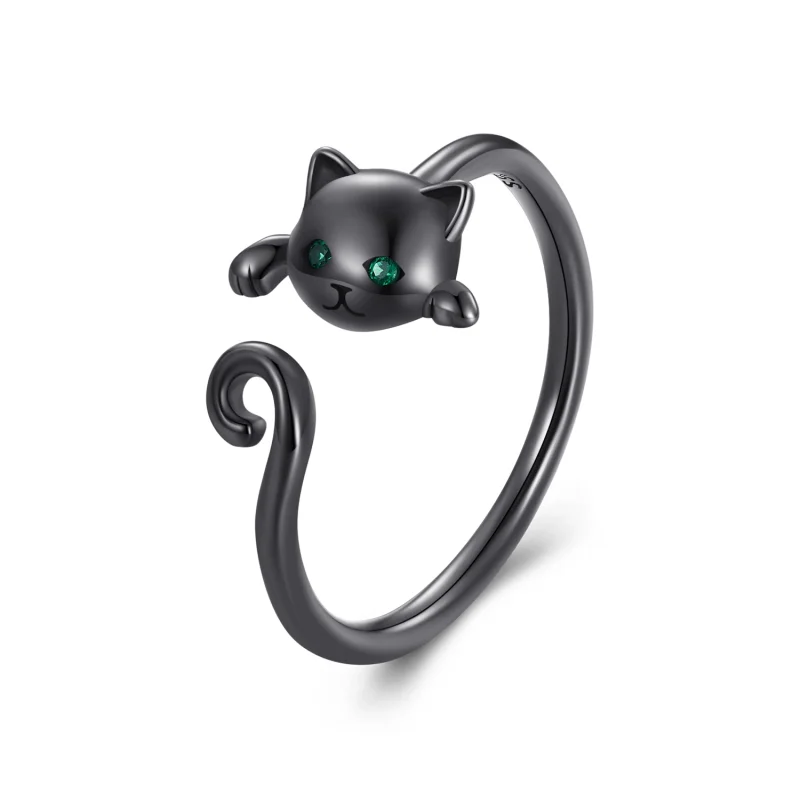 (image for) Pandora Style Black Cute Cat Open Ring - SCR707-D - Product Image