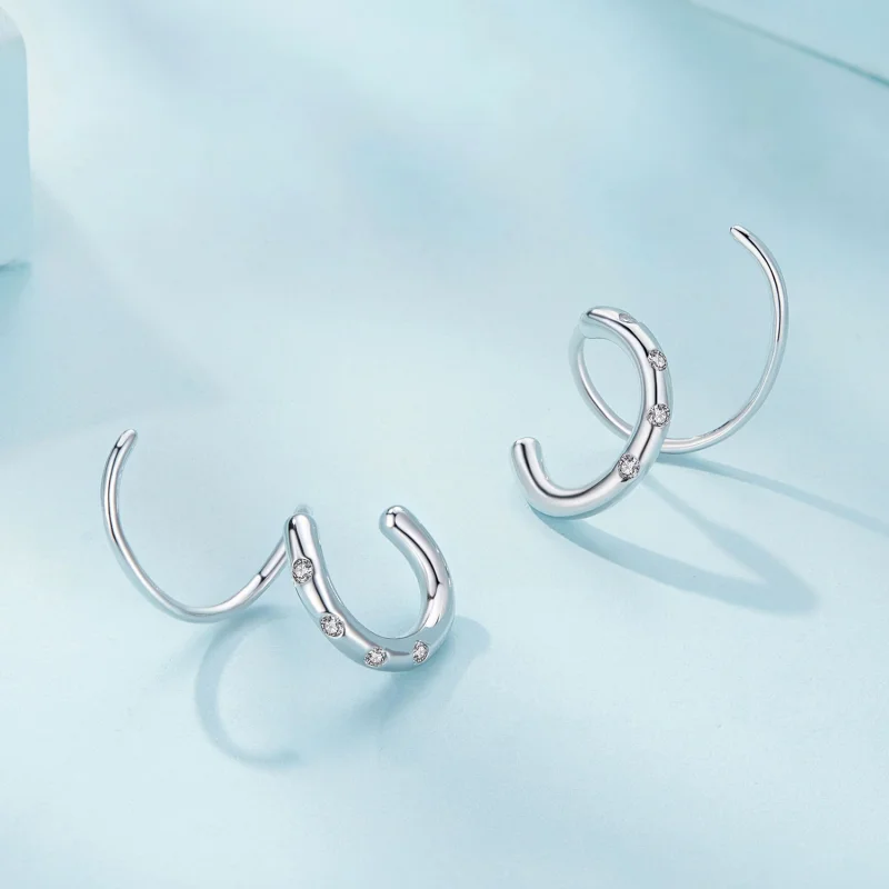 (image for) Pandora Style Double Hoop Earrings Stud Earrings - SCE1652 - View 3