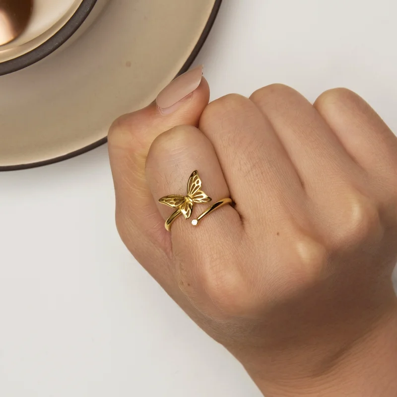 (image for) Pandora Style Golden Butterfly Dream Open Ring - SCR448-B - View 6