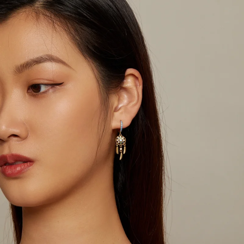 (image for) Pandora Style Golden Dreamcatcher Dangle Earrings - SCE713-B - View 6