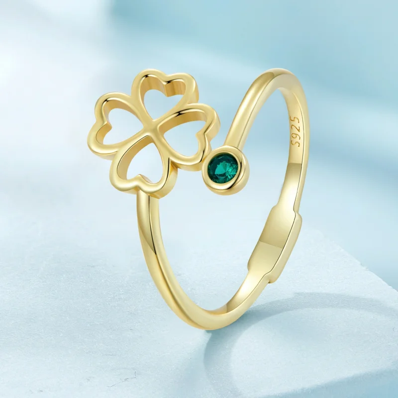 (image for) Pandora Style Golden four leaf clover Open Ring - SCR843-B - View 2