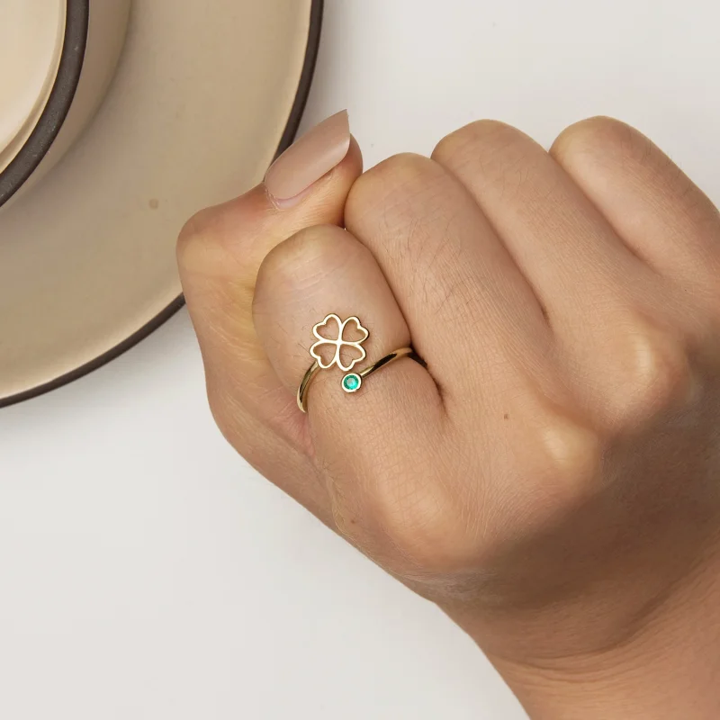 (image for) Pandora Style Golden four leaf clover Open Ring - SCR843-B - View 6