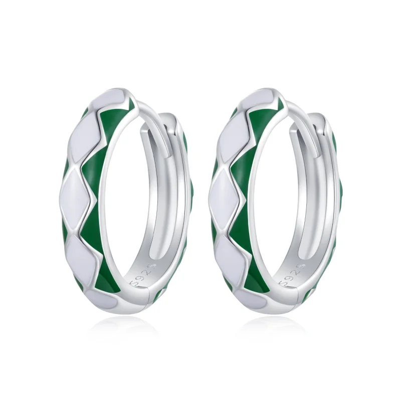 (image for) Pandora Style Green and white diamond pattern Hoop Earrings - SCE1611-GN - Product Image