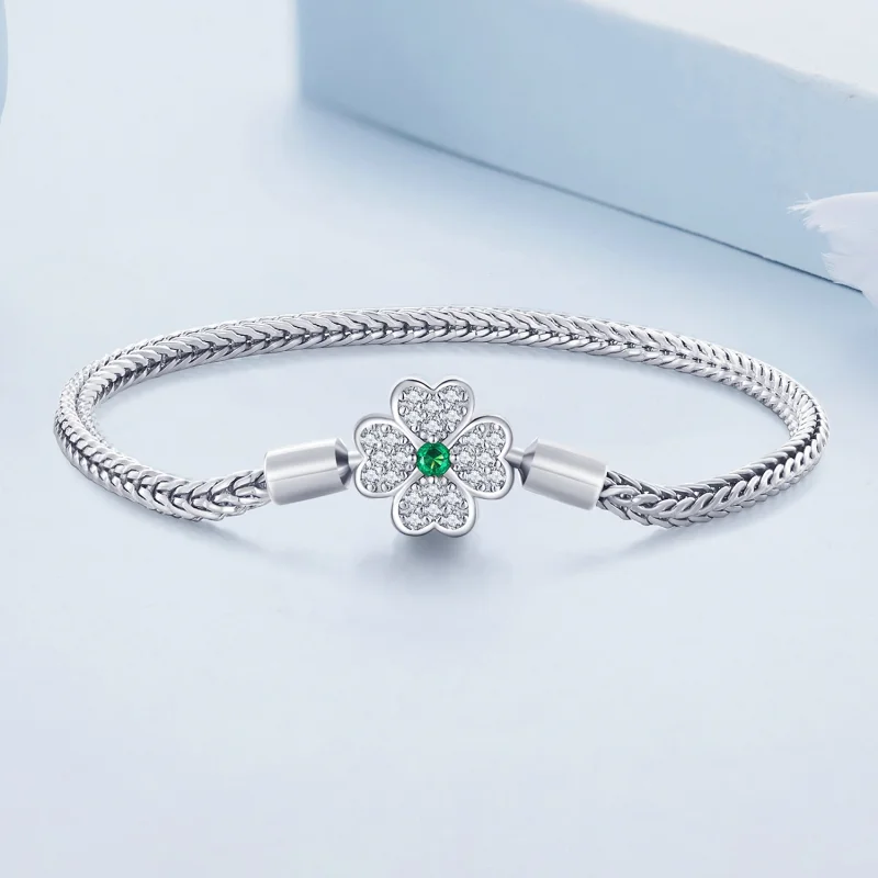 (image for) Pandora Style Green Zircon Lucky Four Leaf Clover Chain Bracelet - BSB119 - View 2